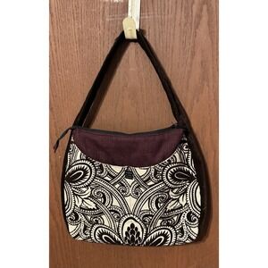 Lisa Lill Satchel Fabric Purse Lots of Pockets Burgundy Tan Velour TbH1